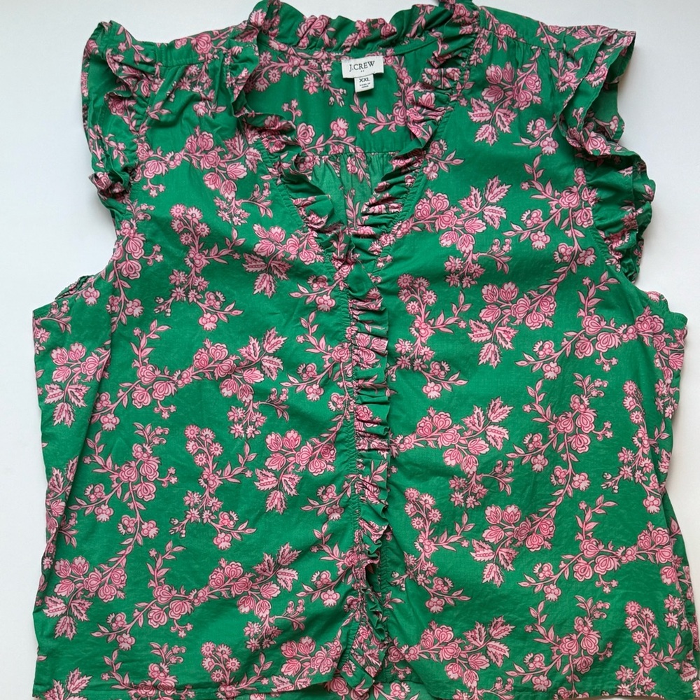 J. Crew Green Blouse with Pink Floral Design